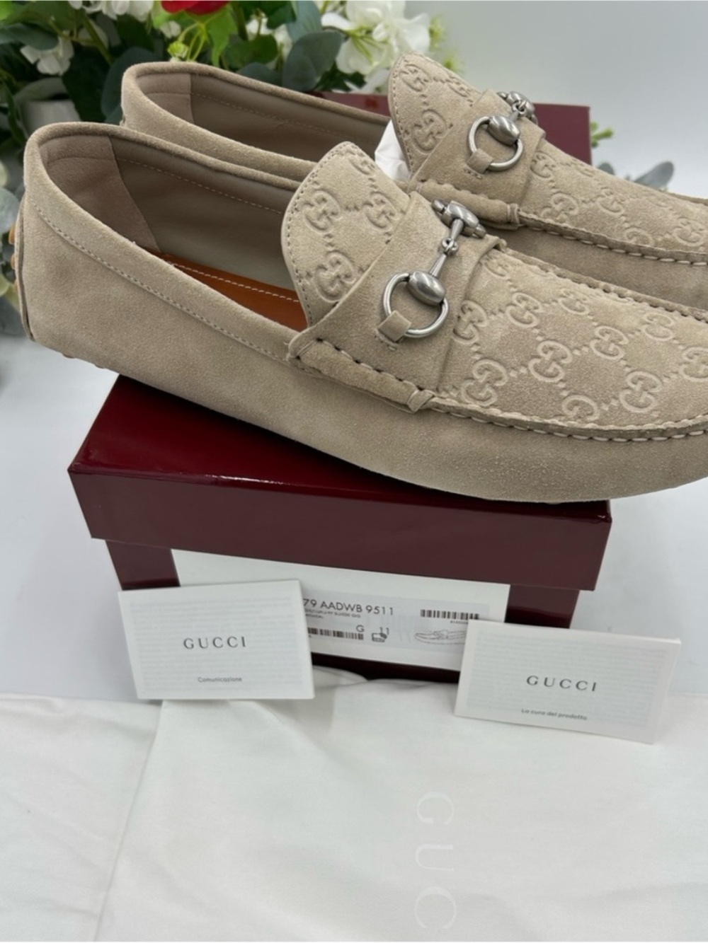 Men's Gucci, GG embossed suede driver loafers size 11 fits 12 US made in Italy - Picture 2 of 8